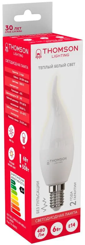 Лампа THOMSON TH-B2025, 6Вт, E14, свеча, теплый белый