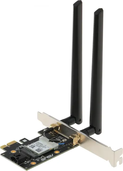 ASUS PCE-AX1800 Сетевой адаптер WiFi 6 Bluetooth 5.2 PCI-E, 4 (802.11n), 5 (802.11ac), 6 (802.11ax), 1775 Мбит/с, 5 ГГц, 2.4 ГГц, антенна - внешняя, передатчик - 20 dBm (90IG07A0-MO0B00)