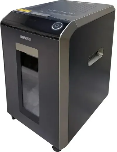 <119980> Уничтожитель бумаги Office Kit SA200M1,9х10 черный/серый с автоподачей (секр.P-5) фрагменты 220лист. 40лтр. скобы пл.кар [OK1910SA200M]