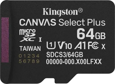 Карта памяти Kingston microSDXC 64GB Canvas Select Plus Memory Card SDCS3/64GBSP UHS-I U1 Class 10/V10/A1, w/o Adapter, 100Mb/s, RTL