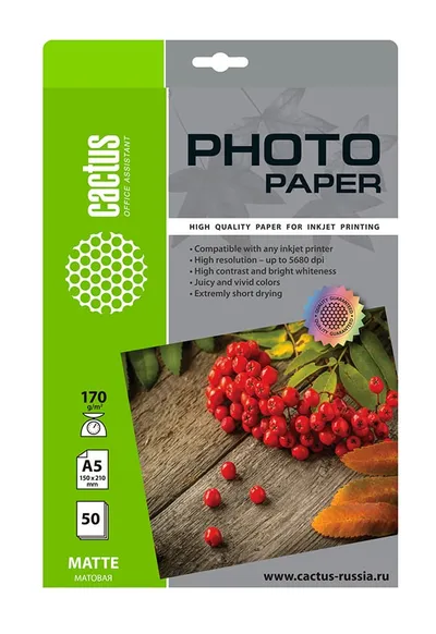 Фотобумага Cactus CS-MA517050, A5, матовая, 170 г/м², 50 л