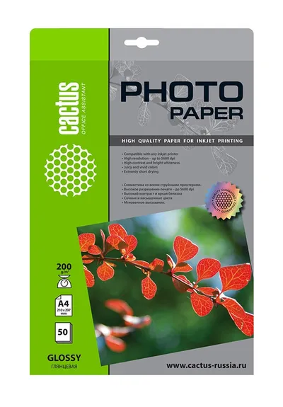 Фотобумага Cactus CS-GA420050, A4, 200г/м², глянцевая, 50л.