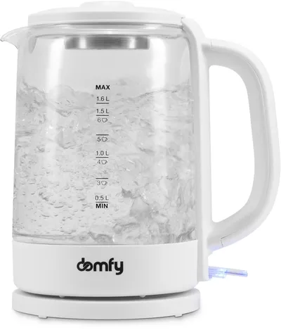 Чайник DOMFY DSW-EK304, 1.6л, 2200Вт, стекло/пластик, белый