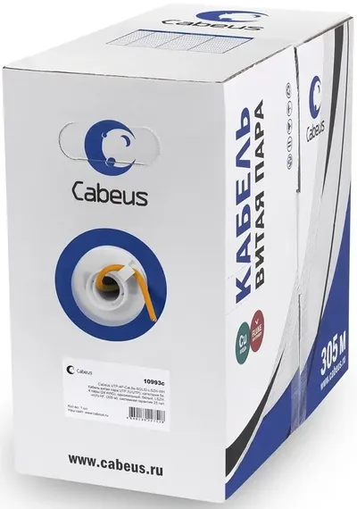 Кабель витая пара UTP (U/UTP), категория 6 Cabeus UTP-4P-Cat.6-SOLID-LSZH Кабель витая пара UTP (U/UTP), категория 6, 4 пары (23 AWG), LSZH, (305 м)