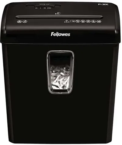 Шредер Fellowes PowerShred Р-30С черный (секр.P-4) фрагменты 6лист. 15лтр. скрепки скобы пл.карты