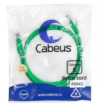 Cabeus PC-UTP-RJ45-Cat.6-1m-GN - Патч-корд U/UTP, категория 6, 2xRJ45/8p8c, неэкранированный, зеленый, PVC, 1м