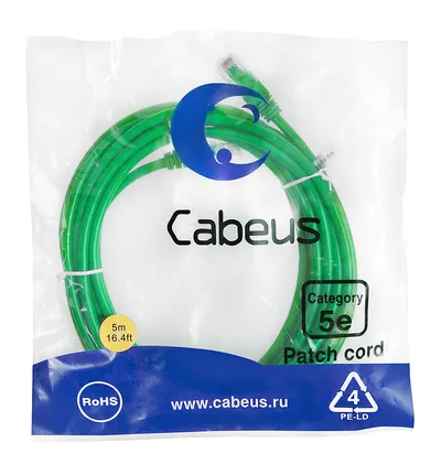 Патч-корд Cabeus PC-UTP-RJ45-Cat.5e-5m-GN, U/UTP Cat.5e, 5м, зеленый