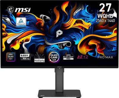 Монитор 27" MSI PRO MAX 271QPX14G QD-OLED 2560x1440, 144 Гц, 0.03 мс (GtG), 16:9, HDR, 400 кд/м², HDMI 2.0b (x2), DisplayPort, USB-C (15 Вт), встроенные динамики (2x2.5 Вт), Flicker Free, Low Blue Light, AMD FreeSync Premium Pro, nVidia G-Sync Compatible, PiP/PbP, регулировка по высоте, поворот на 90°, черный