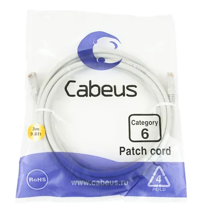Cabeus PC-UTP-RJ45-Cat.6-3m Патч-корд U/UTP, категория 6, 2xRJ45/8p8c, неэкранированный, серый, PVC, 3м