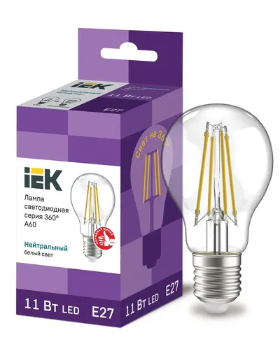 Лампа IEK LLF-A60-11-230-40-E27-CL, LED филаментная, 11Вт, A60, 4000К, E27