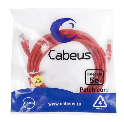 Патч-корд Cabeus PC-UTP-RJ45-Cat.5e-5m-RD-LSZH, U/UTP cat.5e, RJ45, 5м, LSZH, красный