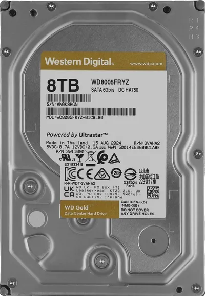 Жесткий диск/ HDD WD SATA3 8TB Gold 6Gb/s 7200 RPM 256mb 1 year warranty (replacement WD8004FRYZ)