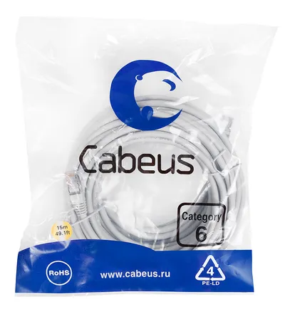 Патч-корд F/UTP, категория 6, 2xRJ45/8p8c, серый, LSZH, 15м Cabeus PC-FTP-RJ45-Cat.6-15m-LSZH Патч-корд F/UTP, категория 6, 2xRJ45/8p8c, экранированный, серый, LSZH, 15м