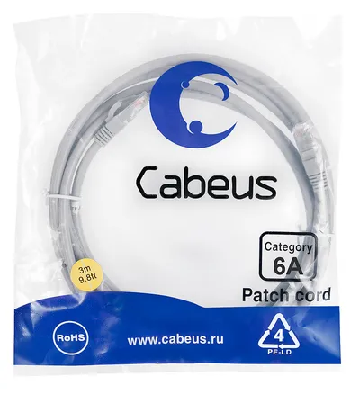 Патч-корд U/UTP, категория 6а (10G), серый, LSZH, 3м Cabeus PC-UTP-RJ45-Cat.6a-3m-LSZH Патч-корд U/UTP, категория 6а (10G), 2xRJ45/8p8c, неэкранированный, серый, LSZH, 3м