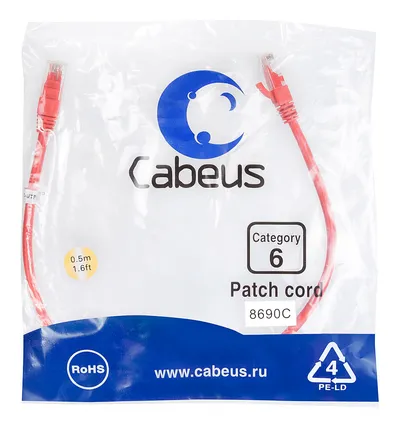 Патч-корд Cabeus PC-UTP-RJ45-CAT.6-0.5M-RD, Cat.6, U/UTP, 0.5м, красный
