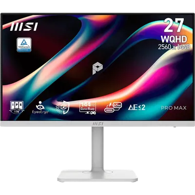 Монитор 27" MSI PRO MAX 271QPHW E14 IPS 2560x1440, 144 Гц, 4 мс (GtG), 16:9, 300 кд/м², HDMI 2.0b (x2), DisplayPort 1.2a, USB-C (65 Вт), встроенные динамики (6 Вт), Flicker Free, Low Blue Light, Adaptive-Sync, HDR Ready, регулировка по высоте, поворотная подставка, портретный режим, подставка для телефона, белый