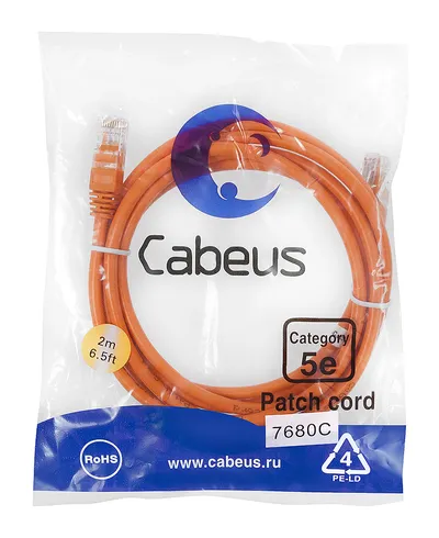 Патч-корд Cabeus PC-UTP-RJ45-Cat.5e-2m-OR Патч-корд U/UTP, категория 5е, 2xRJ45/8p8c, неэкранированный, оранжевый, PVC, 2м