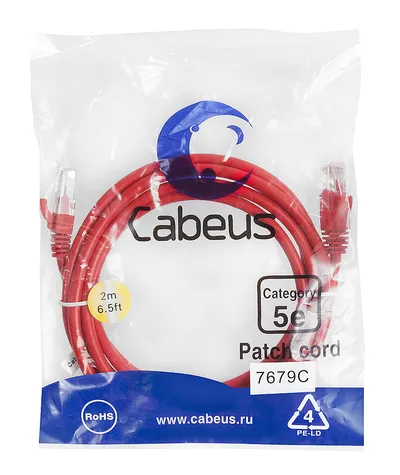 Cabeus PC-UTP-RJ45-Cat.5e-2m-RD-LSZH - Патч-корд U/UTP, категория 5е, 2xRJ45/8p8c, неэкранированный, красный, LSZH, 2м