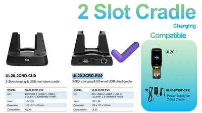 Двухслотовый зарядный и коммуникационный кредл M3 Mobile ASSY: UL20/UL30 2-Slot charging & Ethernet USB host client cradle for 1xUL20 & 1xUL20 spare battery. Requires power supply (UL20-PWSP-2XX; sold separately)