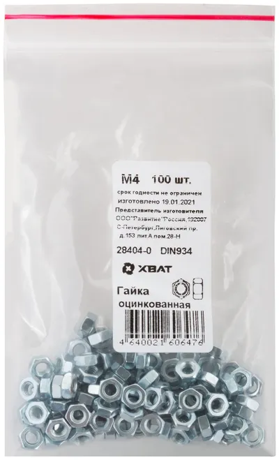 Гайка FIT 28404-0, DIN934, М4, шестигранная, оцинкованная, 100 шт