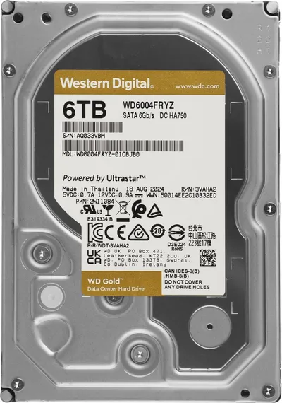Диск HDD Western Digital - Gold, для системы хранения, SATA, 6 Гб/с, 3.5", 6 ТБ, 7200 rpm, 256MB, WD6004FRYZ