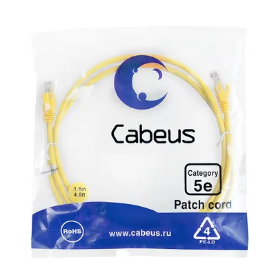 Cabeus PC-UTP-RJ45-Cat.5e-1.5m-YL-LSZH - Патч-корд U/UTP, категория 5е, 2xRJ45/8p8c, неэкранированный, желтый, LSZH, 1.5м