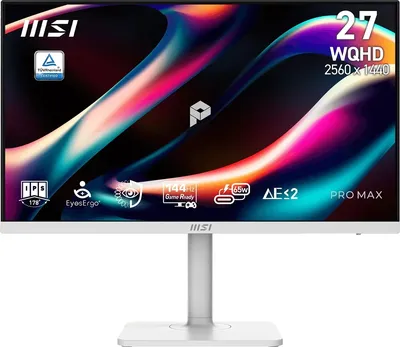 Монитор 27" MSI PRO MAX 271QPHW E14 IPS 2560x1440, 144 Гц, 4 мс (GtG), 16:9, 300 кд/м², HDMI 2.0b (x2), DisplayPort 1.2a, USB-C (65 Вт), встроенные динамики (6 Вт), Flicker Free, Low Blue Light, Adaptive-Sync, HDR Ready, регулировка по высоте, поворотная подставка, портретный режим, подставка для телефона, белый