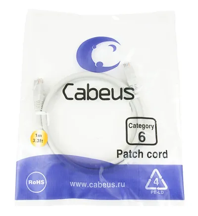 Патч-корд Cabeus PC-UTP-RJ45-Cat.6-1m, Cat.6, UTP, RJ45, 1м, серый