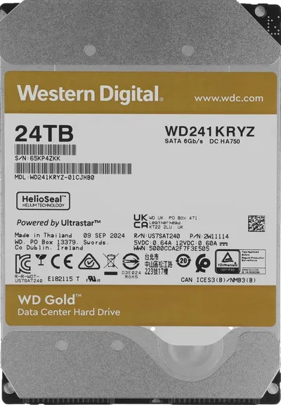 Диск HDD Western Digital - Gold, серверный, SATA, 6 Гб/с, 3.5", 24 ТБ, 7200 rpm, 512MB, WD241KRYZ