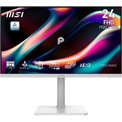 Монитор 23.8" MSI PRO MAX 241PHW E14 IPS 1920x1080, 144 Гц, 4 мс (GtG), 16:9, 300 кд/м², HDMI 2.0b, DisplayPort 1.2a, USB-C (65 Вт), встроенные динамики (2x3 Вт), Flicker Free, Low Blue Light, AMD FreeSync, KVM-переключатель, CEC, регулировка по высоте, поворотная подставка, портретный режим, белый