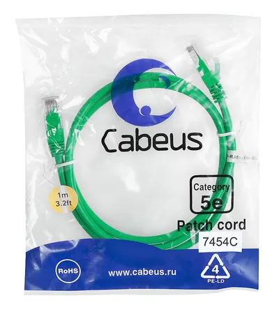 Патч-корд Cabeus PC-UTP-RJ45-Cat.5e-1m-GN-LSZH Патч-корд U/UTP, категория 5е, 2xRJ45/8p8c, неэкранированный, зеленый, LSZH, 1м