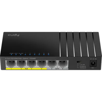 Коммутатор/ 6-Port 10/100M PoE Switch with 4 POE Ports Unmanaged Desktop Switch, support 4-port IEEE 802.3at PoE+ Injector (Port-1 to Port-4), Supports PoE power up to 30W for each PoE port, CCTV Mode (Transmit distance up to 250m at 10Mbps),  Fanless, ±4KV Surge Protection, Steel case, Watchdog, 36W External