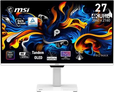 Монитор 26.5" MSI PRO MAX 271UPXW12G   QD-OLED, 3840x2160, 120Hz, 0,03ms, 250сd/m, 1500000:1,  | 2xHDMI(2.1), DP(1.4a), Type-C(PD-98W), Type-C(PD-15W), 4xUSB3.2 | HAS, Pivot, Swivel, InPSU, Speakers, Vesa 100, White