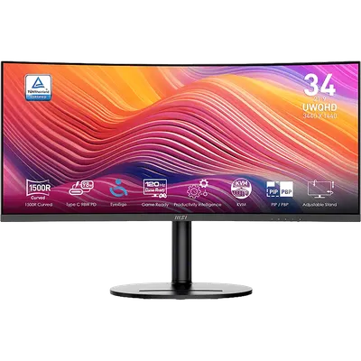 Монитор 34" MSI Modern MD342CQP VA 3440x1440, 120 Гц, 4 мс, 21:9, 300 кд/м², 2xHDMI 2.0b, DP 1.4a, USB-C, USB Hub (2x USB 3.0), 3.5 Jack, динамики (2x3 Вт), Adaptive-Sync, изогнутый экран (1500R), черный