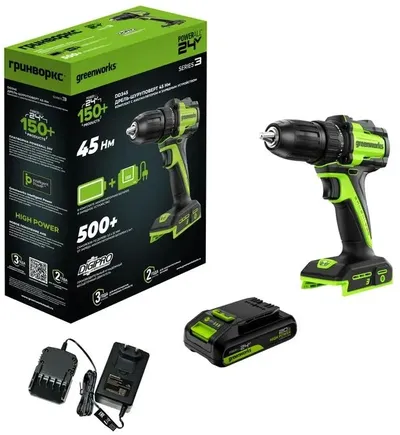 Дрель-шуруповерт Greenworks 3708307CUA, аккумуляторная, 24В, 27/45Нм