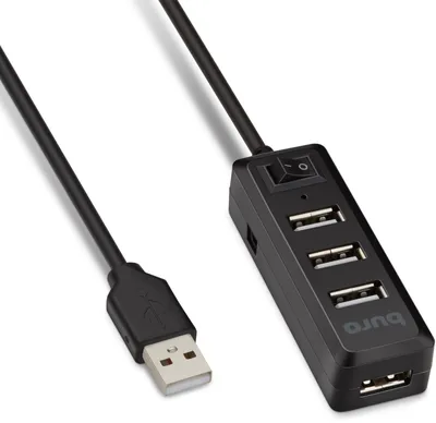 USB-хаб Buro BU-HUB4-0.5L-U2.0, 4×USB 2.0, черный