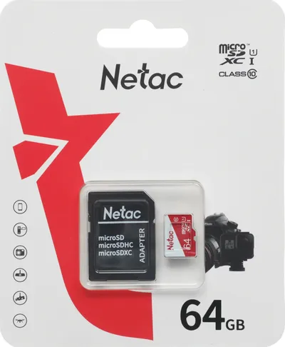 Карта памяти Netac - P500 ECO, microSDHC, UHS-I Class 1, Class 10, 64GB, microSD -> SD адаптер, NT02P500ECO-064G-R