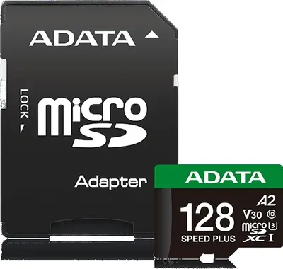 Карта памяти ADATA - UI3V30A2SP, microSDXC, write speed 140Mb/s, read speed 160Mb/s, UHS-I Class 3, V30, A2, Class 10, 128GB, microSD -> SD адаптер, UD128GUI3V30A2SP-RA1
