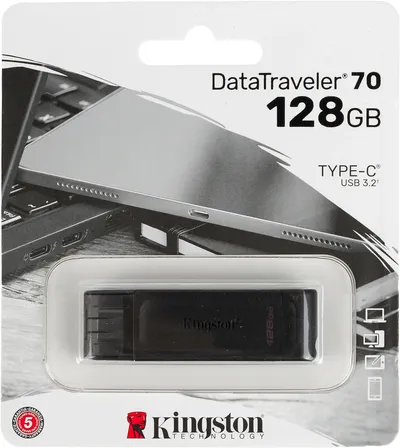 Флешка USB Kingston DataTraveler DT70 (DT70/128Gb), 128Gb, USB Type-C 3.2, R/W 70/45, черный