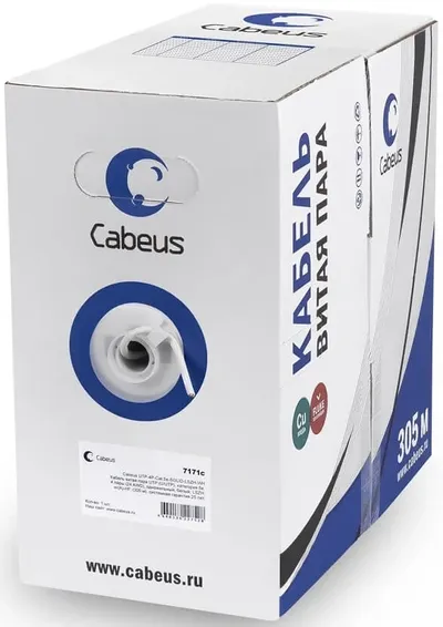 Cabeus UTP-4P-Cat.5e-SOLID-GY Кабель витая пара UTP (U/UTP), категория 5e, 4 пары 0,51мм (24 AWG), одножильный, серый (305 м), системная гарантия 25 лет.