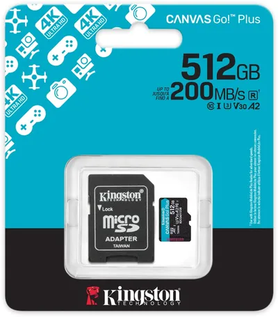 Карта памяти MicroSDXC_512 Gb Kingston Canvas Go Plus 200Mb/s A2 U3 V30 / R200Mb/s/W160Mb/s / SDCG4/512GB