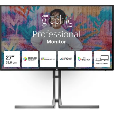 Монитор 27&quot, AOC U27U3CV Black (4K, Nano IPS, 3840x2160, 60Hz, 4 ms, 178°/178°, 400 cd/m, 1300:1 50M:1,2xHDMI 2.0, +DisplayPort 1.4, DP Out, 4 x USB3.2 type A Gen2, USB-C Docking (96Вт), LAN, SPK, Pivot)