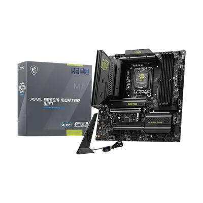 Материнская плата MSI MAG B860M MORTAR WIFI, LGA 1851, Intel B860, 4xDDR5 (до 256 ГБ), 4xSATA, 3xM.2 (1xPCIe 5.0, 2xPCIe 4.0), 1xPCIe 5.0 x16, 1xPCIe 4.0 x4, 1xHDMI, 1xDP, 1x5Gb LAN, Wi-Fi 7, Bluetooth 5.4, 1xUSB-C 40Gbps (Thunderbolt 4), 1xUSB-C 10Gbps, 3xUSB-A 10Gbps, 4xUSB-A 2.0, 3x3.5 мм + S/PDIF оптический, 7.1, чёрный, mATX