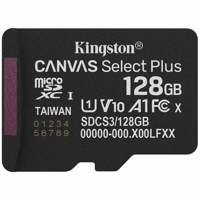 Карта памяти Kingston - Canvas Select Plus, microSDXC, read speed 100Mb/s, UHS-I Class 1, V10, A1, 128GB, SDCS2/128GBSP