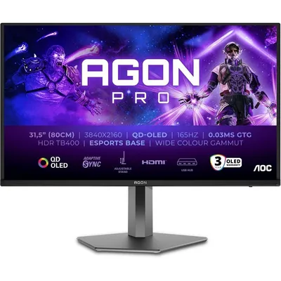 Монитор 31.5" AOC AGON AG326UD  QD-OLED, 3840x2160, 165Hz, 0,03ms, 1000сd/m, 1500000:1, HDR10 | 2xHDMI(2.1), DP(1.4), 3xUSB 3.2 | HAS, Pivot, Swivel, InPSU, Speakers, Vesa 100, Black/Grey