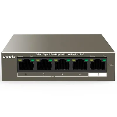 Tenda TEG1105P-4-63W - Коммутатор PoE неуправляемый, 5 портов PoE 10/100/1000 Мбит/с Base-TX RJ45. Порты 1–4 стандарта IEEE 802.3af/at (мощность PoE до: 30 Вт). Бюджет PoE 58 Вт, грозозащита портов 6 кВ.