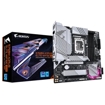 Материнская плата Gigabyte B760M AORUS ELITE WIFI6E GEN5, Socket 1700, Intel®B760, 4xDDR5-4800, HDMI+DP, 2xPCI-Ex16, 4xSATA3(RAID 0/1/5/10), 2xM.2, 8Ch Audio, 1x2.5GLan, WiFi, (4+4)xUSB2.0, (4+2)xUSB3.2, (1+1)xUSB3.2 Type-C™, mATX, RTL