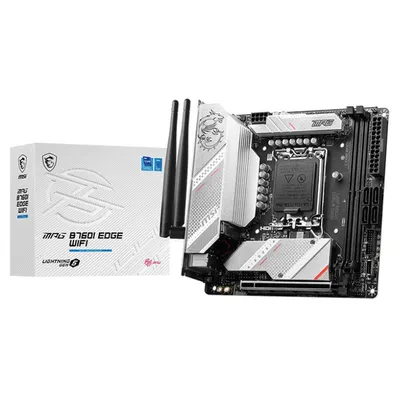 Материнская плата MSI MPG B760I EDGE WIFI, LGA1700, Intel B760, 2xDDR5, 4xSATA, 2xM.2 PCIe 4.0, 1xPCIe 5.0 x16, 1xHDMI, 1xDisplayPort, 1x 2.5Gb LAN, 2xUSB 3.2 Gen2 (1xType-A, 1xType-C), 4xUSB 3.2 Gen1, 2xUSB 2.0, 3x3.5 мм, 7.1, mini-ITX