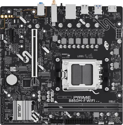 Материнская плата ASUS PRIME B850M-F WIFI, AM5, AMD B850, 2xDDR5, 4xSATA 6Gb/s, 2xM.2, 1xPCIe 5.0 x16, 1xPCIe 4.0 x1, 1xHDMI, 1x1Gb LAN, 2xUSB 5Gbps, 4xUSB 2.0, 3x3.5 мм, 7.1, microATX