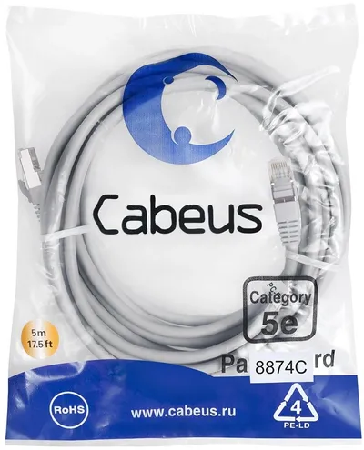 Cabeus PC-FTP-RJ45-Cat.5e-5m-LSZH Патч-корд F/UTP, категория 5е, 2xRJ45/8p8c, экранированный, серый, LSZH, 5м
